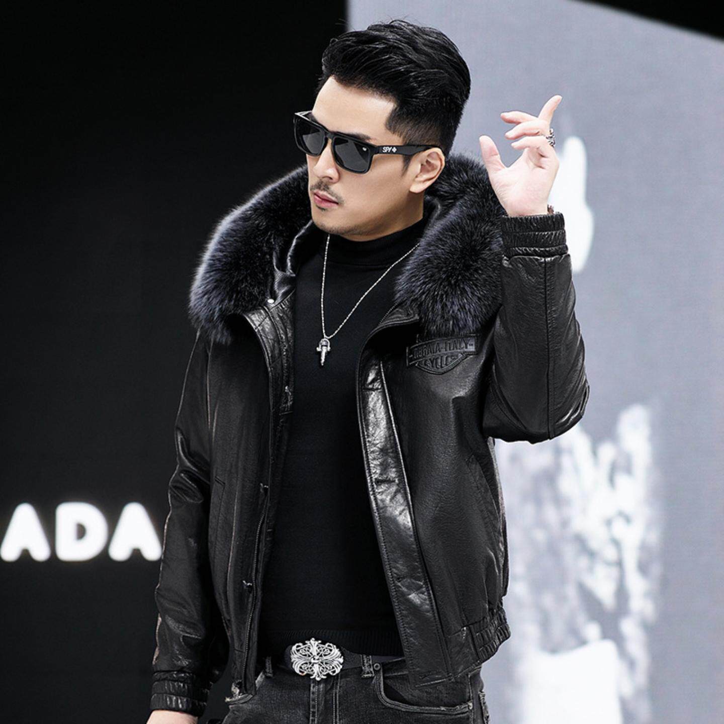 连帽真皮皮衣男头层牛皮羽绒内胆加厚外套短款修身海宁皮夹克