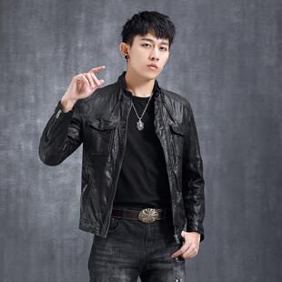 新款 纯皮夹克机车哈雷摩托骑行服绵羊皮潮流外套立领 真皮皮衣男士