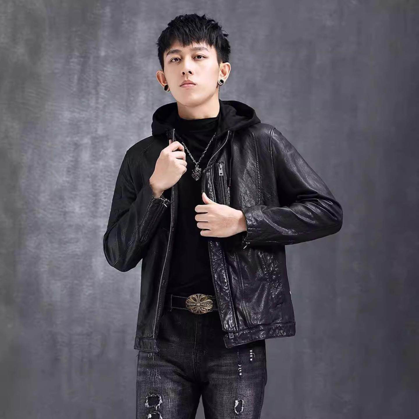 夹克真皮连外套皮皮服青年帽皮夹秋冬皮夹克绵羊雷皮衣骑行男羊皮