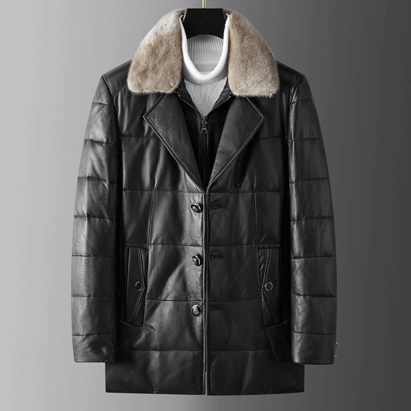 普洛克正品冬季新款真皮羽绒服男中长款皮外套水貂毛领夹克P