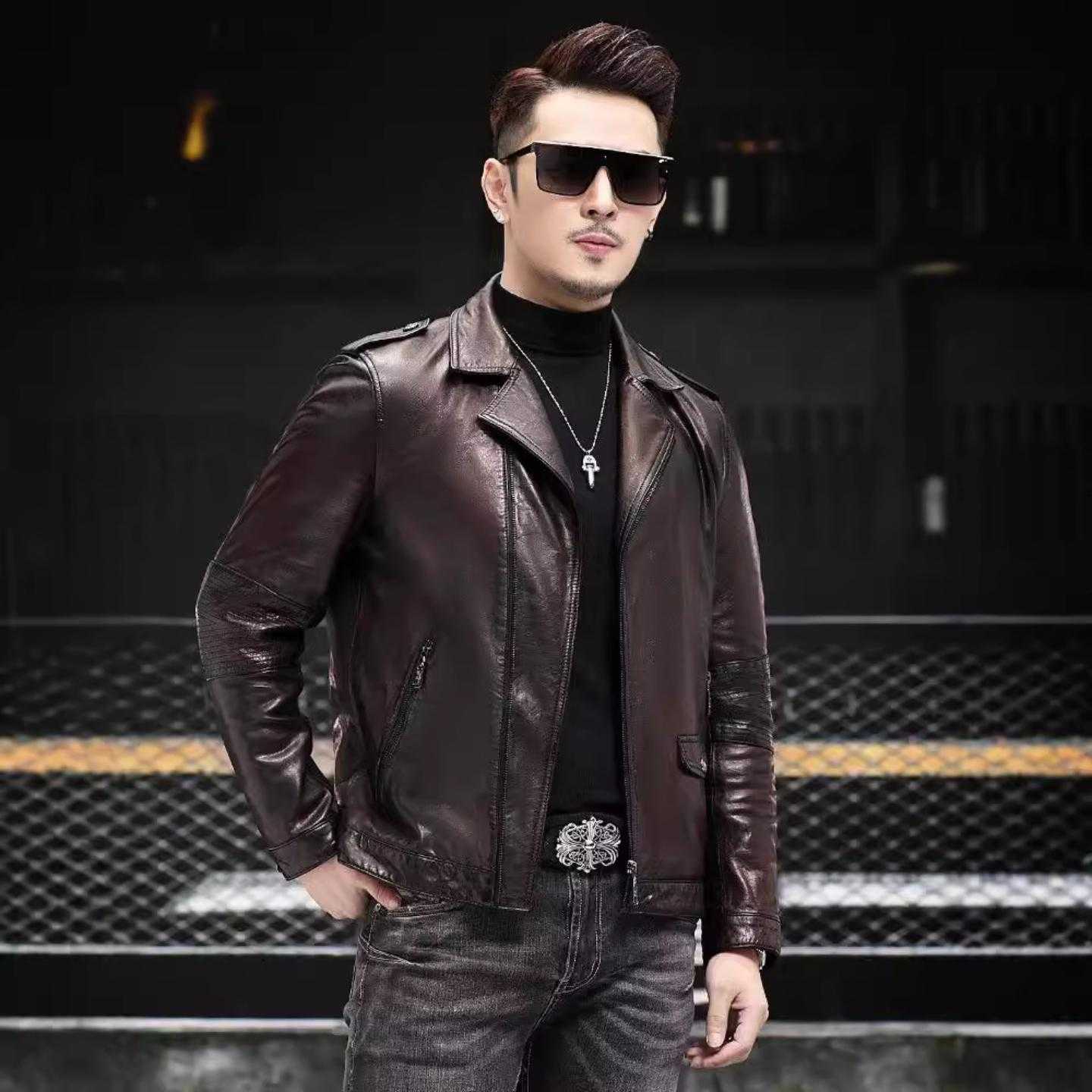 【普洛克】新款 真皮皮衣男机车服青年潮流绵羊皮皮夹克复古帅气