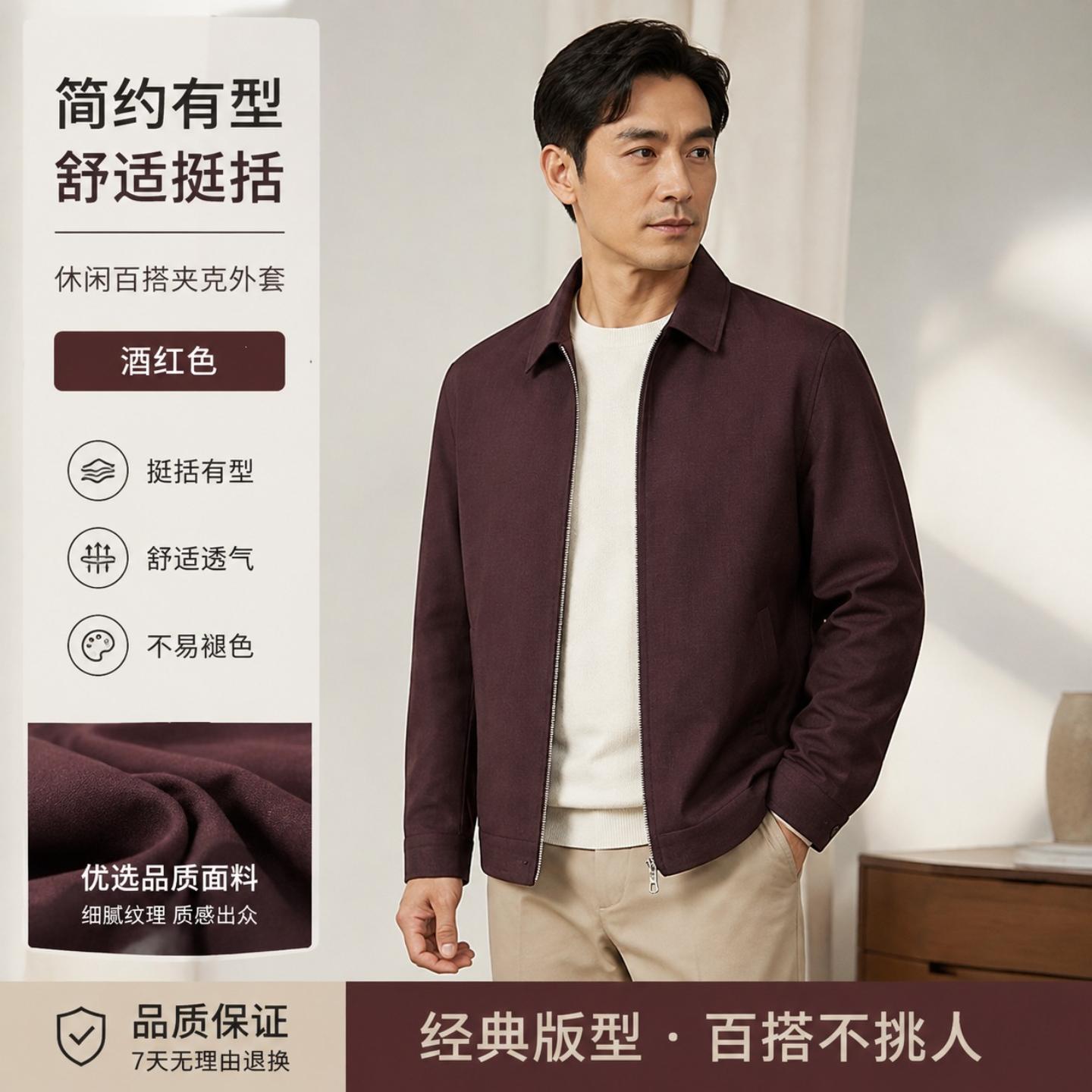 普洛克新款 男式夹克春秋款翻领拉链版老钱风中青年商务休闲麻外