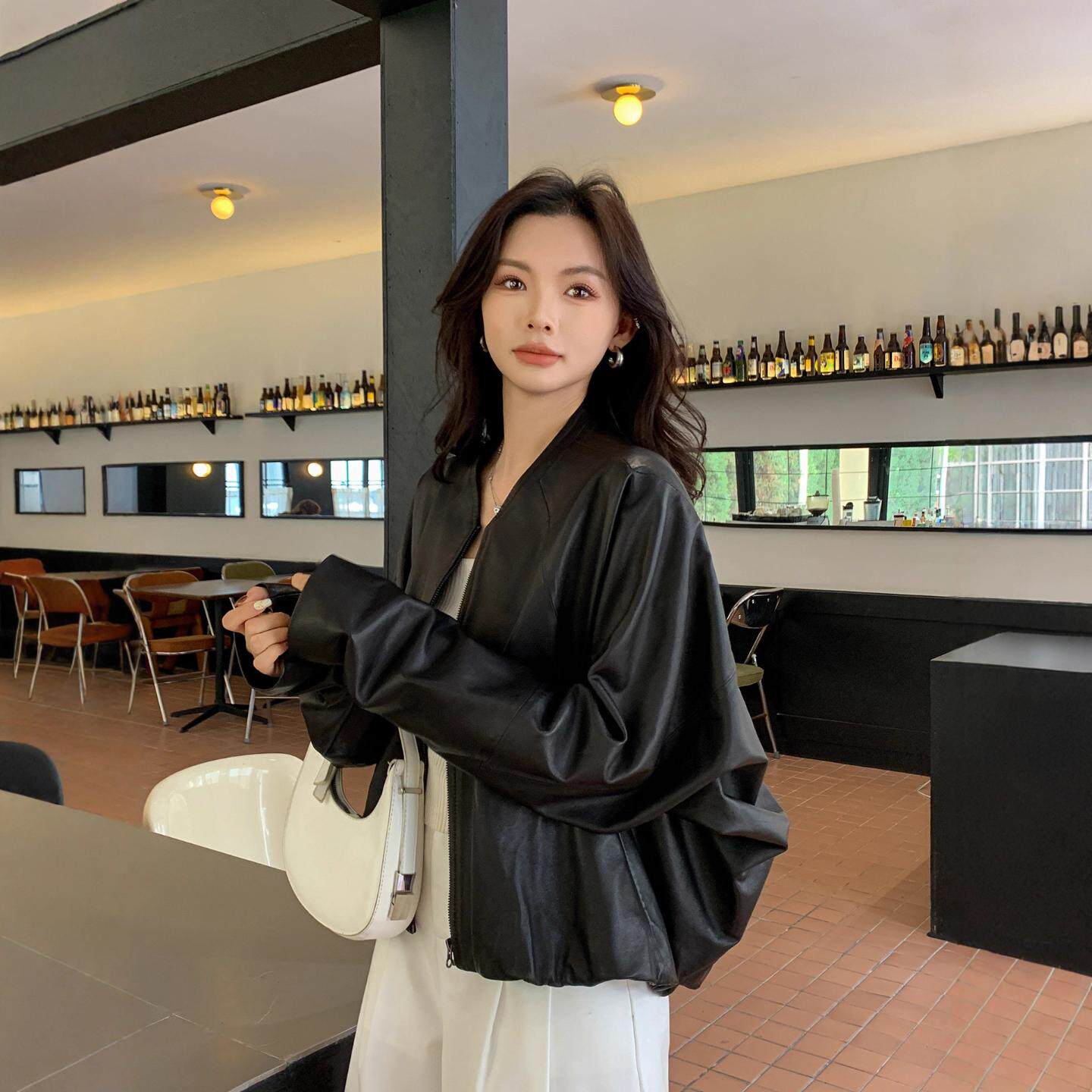 普洛克正品女装 羊皮袖夹克黑色皮衣高级皮夹皮夹克羊皮夹克宽松
