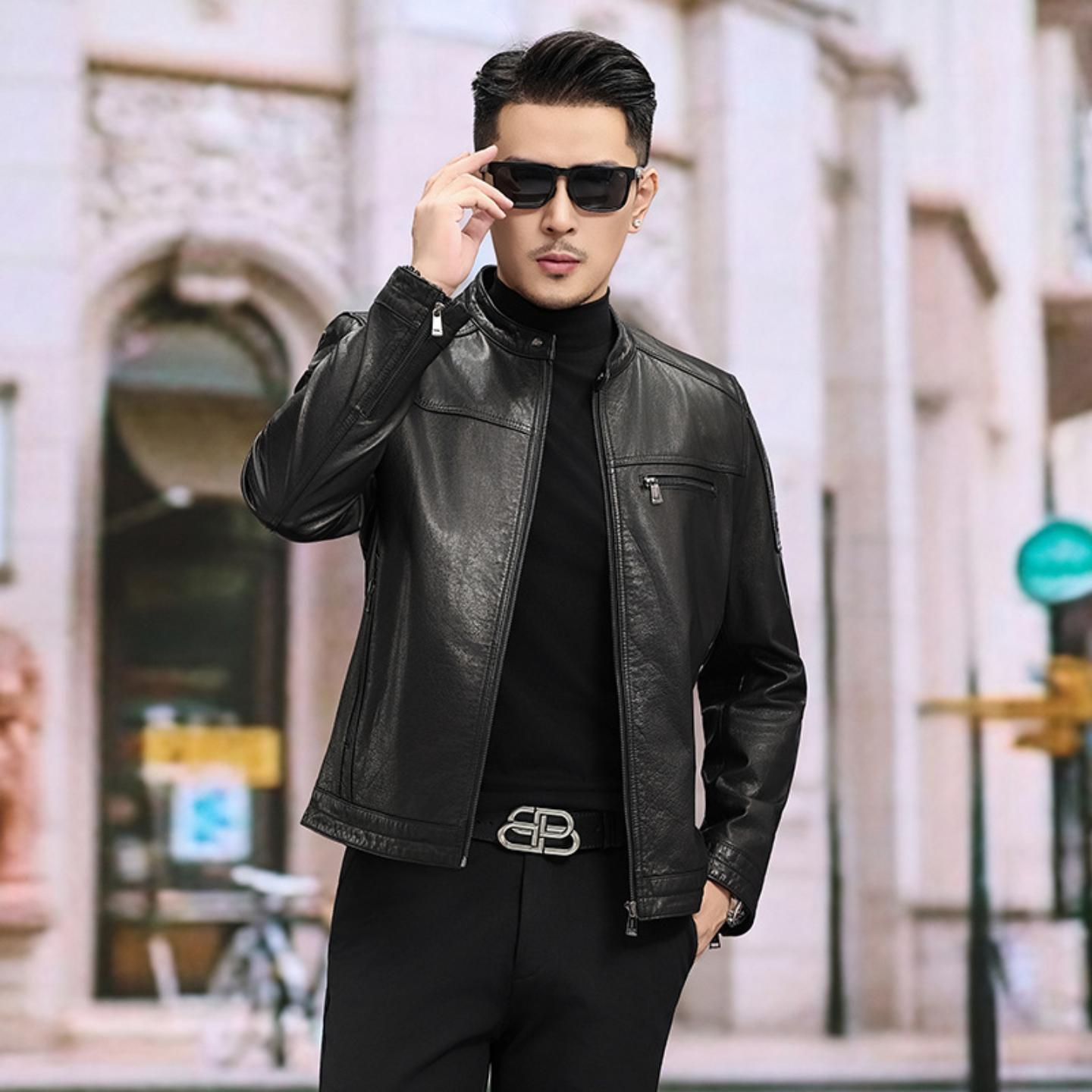 普洛克正品款男士头层牛皮夹克短款机车真皮皮衣百搭通勤外套