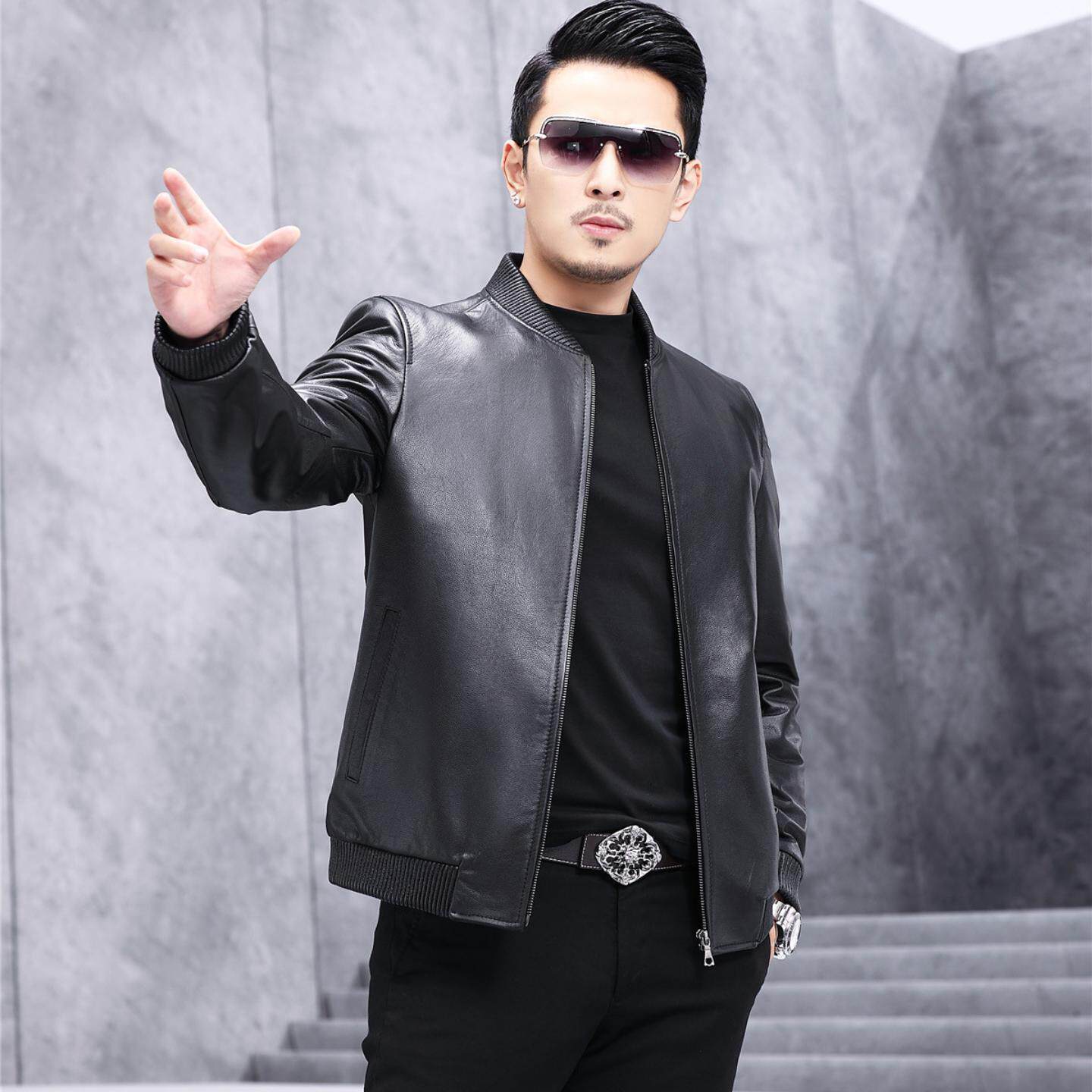 海宁真皮皮衣男士短款圆领头层绵羊皮春装修身休闲皮夹克薄款外套