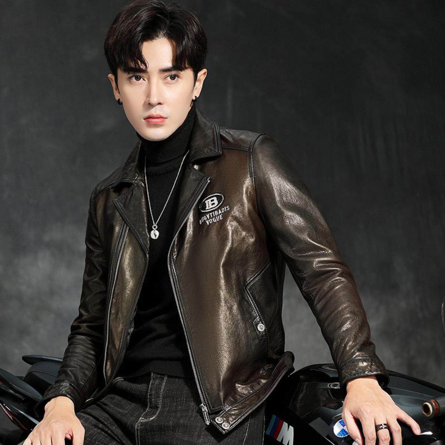 普洛克正品男装 秋真皮皮衣夹克双色绵羊皮短青年机车服薄外套潮