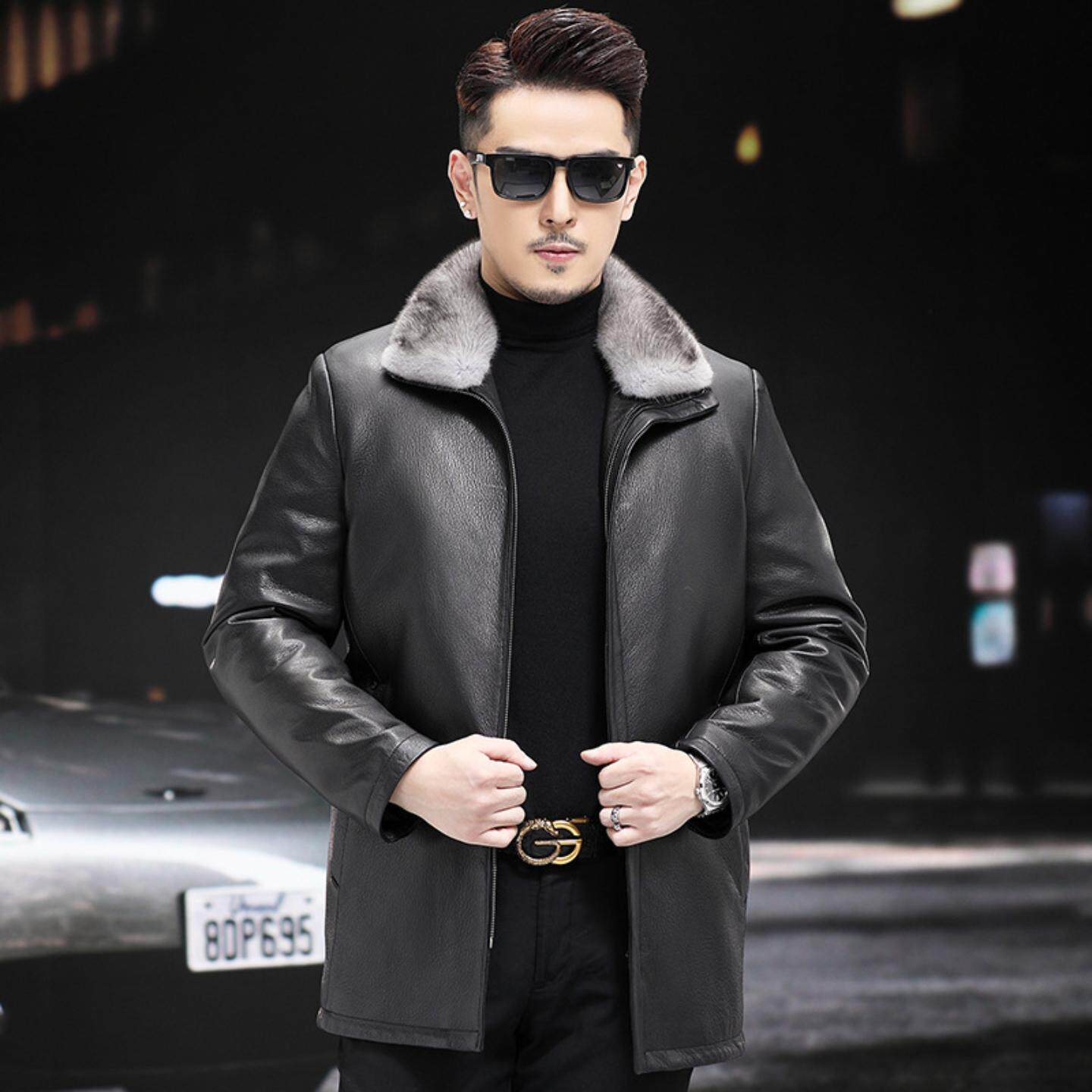 海宁皮衣男真皮羽绒内胆中长款鹿皮纹山羊皮风衣水貂领外套秋冬装