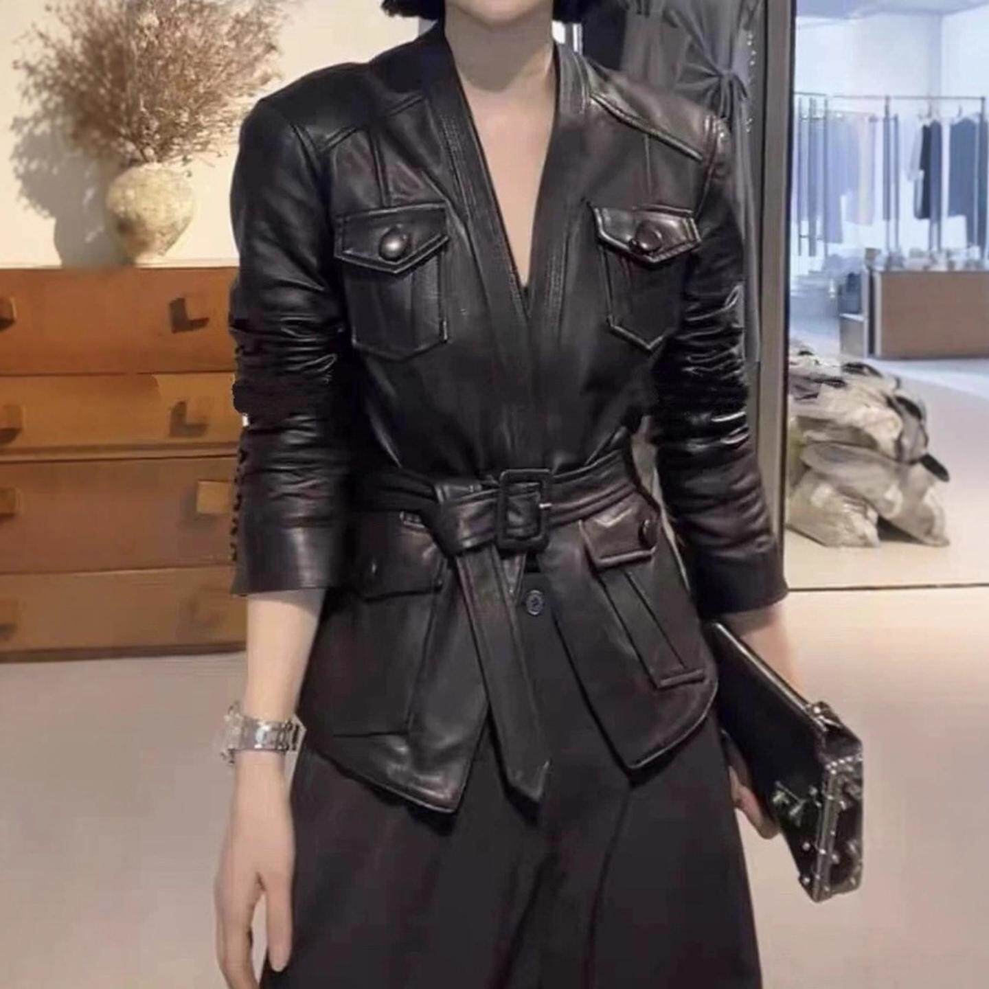 普洛克正品女装 欧货绵羊皮真皮皮衣领收腰显瘦工装皮夹克短外套