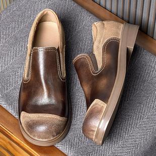 普洛克正品真皮商务休闲鞋子男款商标圆头皮鞋男平跟手工乐福鞋潮