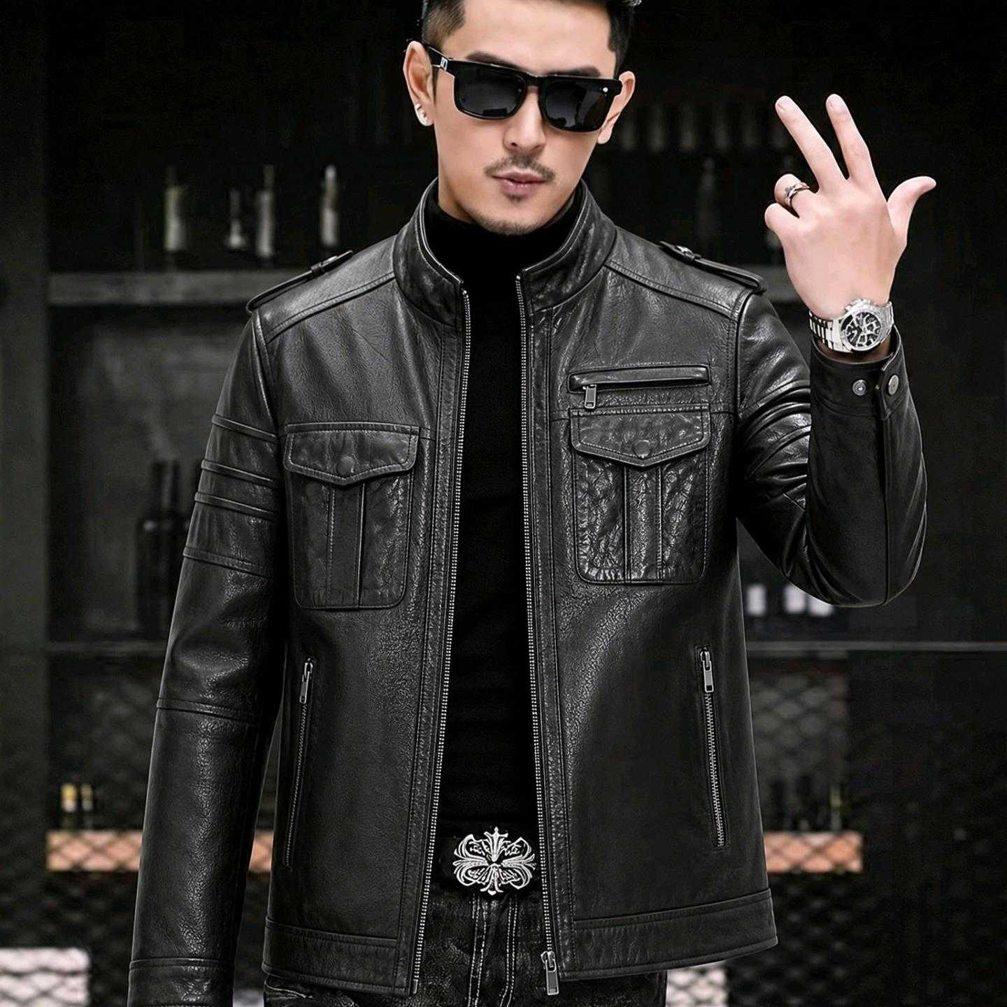 【普洛克】新款 皮衣男真皮短款头层牛皮夹克立领修身机车服薄款