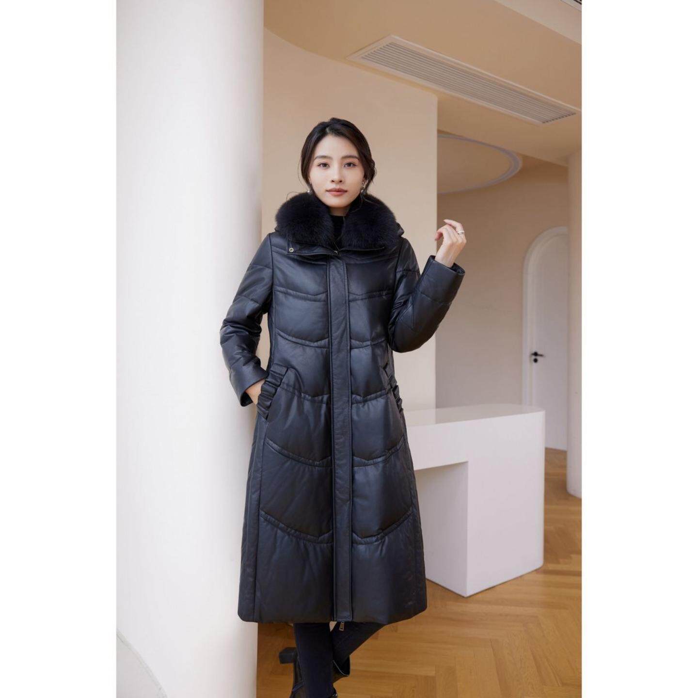 普洛克正品女装 春秋冬绵羊皮真皮皮衣羽绒服外套中长宽松显瘦爆