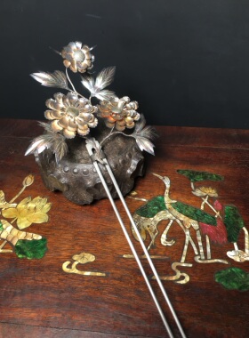 日本带回精工中古银鎏金大菊花发簪 花魁 婚嫁 双钗 U钗