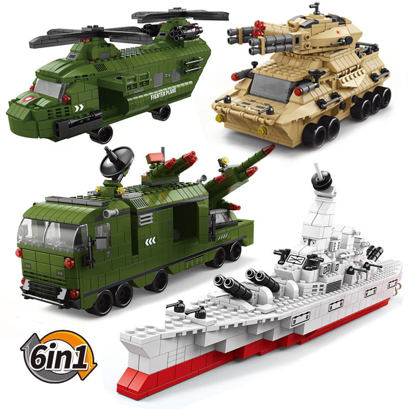 6合1军事系列坦克直升机拼装积木