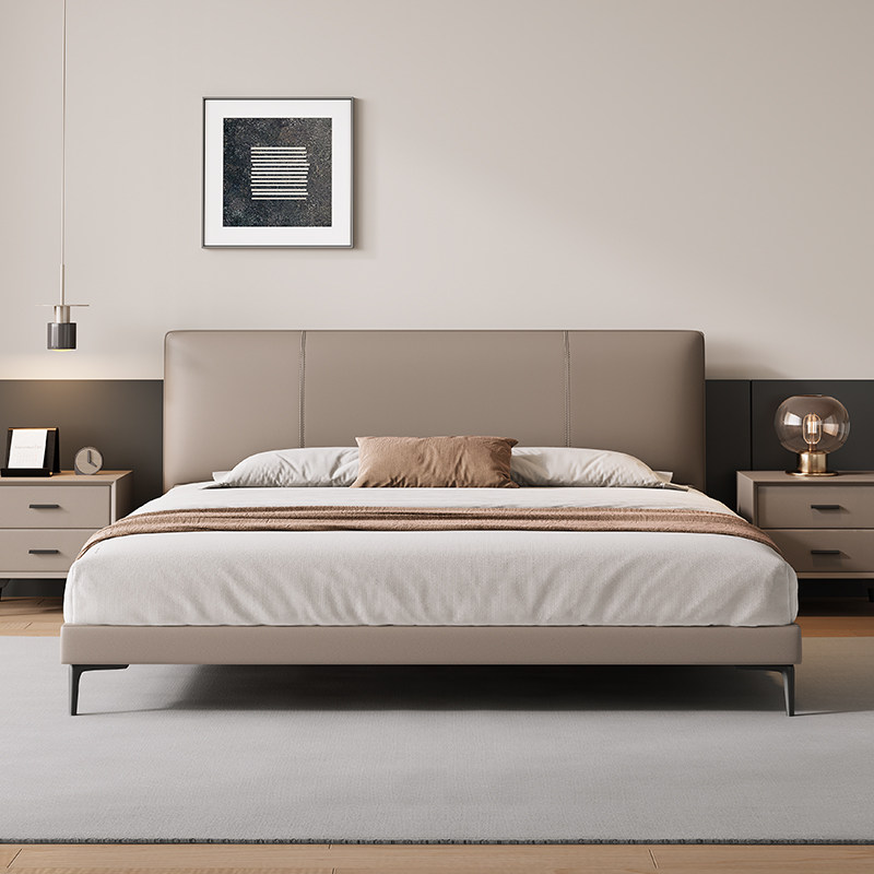 意式极简真皮床头层牛皮轻奢高脚齐边婚床现代简约主卧大床双人床