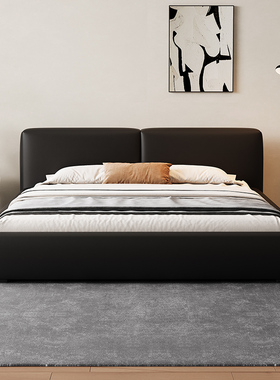 意式极简大黑牛真皮床主卧2米x2米2大床轻奢现代落地双人高端大气