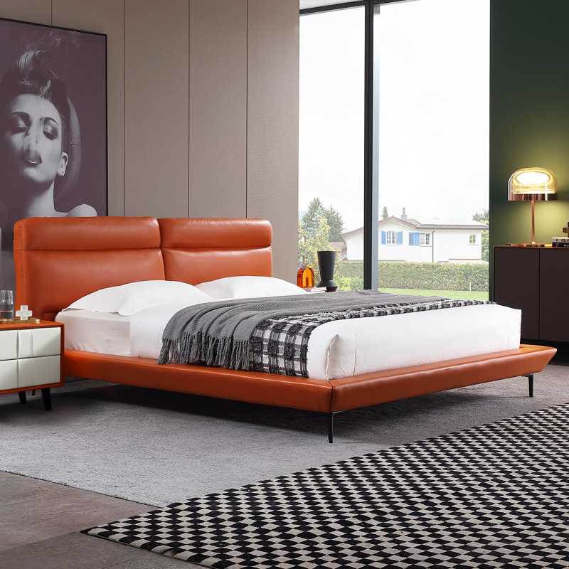 轻奢现代简约北欧爱马仕橙色皮床