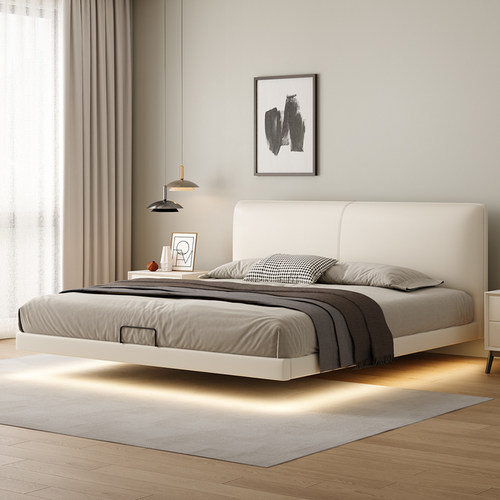 奶油风主卧大床真皮悬浮床小户型