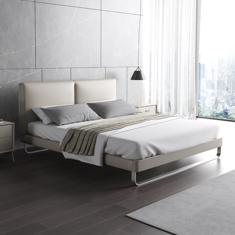 意式轻奢极简真皮双人床现代简约主卧2米x2米2大床高脚齐边薄床头