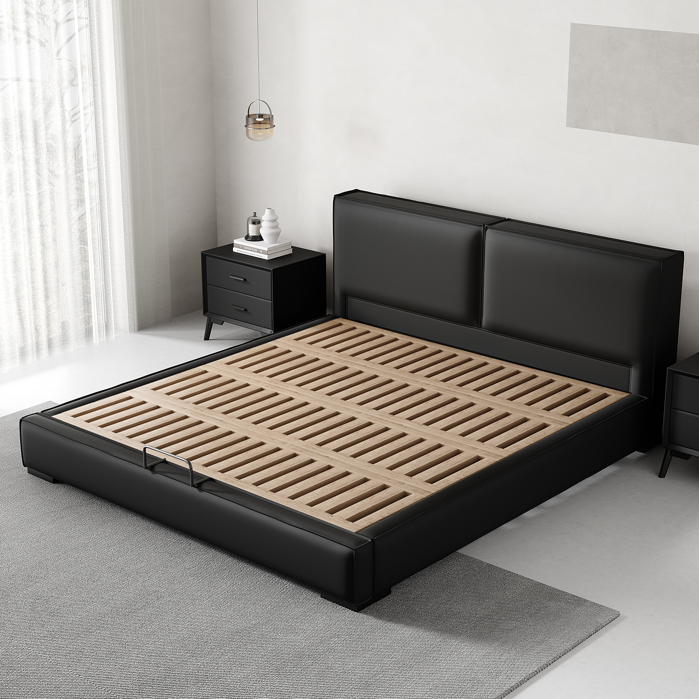 头层牛皮豆腐块真皮床榉木排骨架