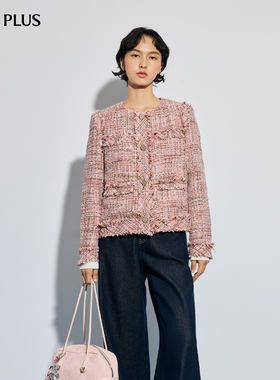 FIVE PLUS法式小香风粗花呢外套女流苏毛边复古排扣格纹洋气外套