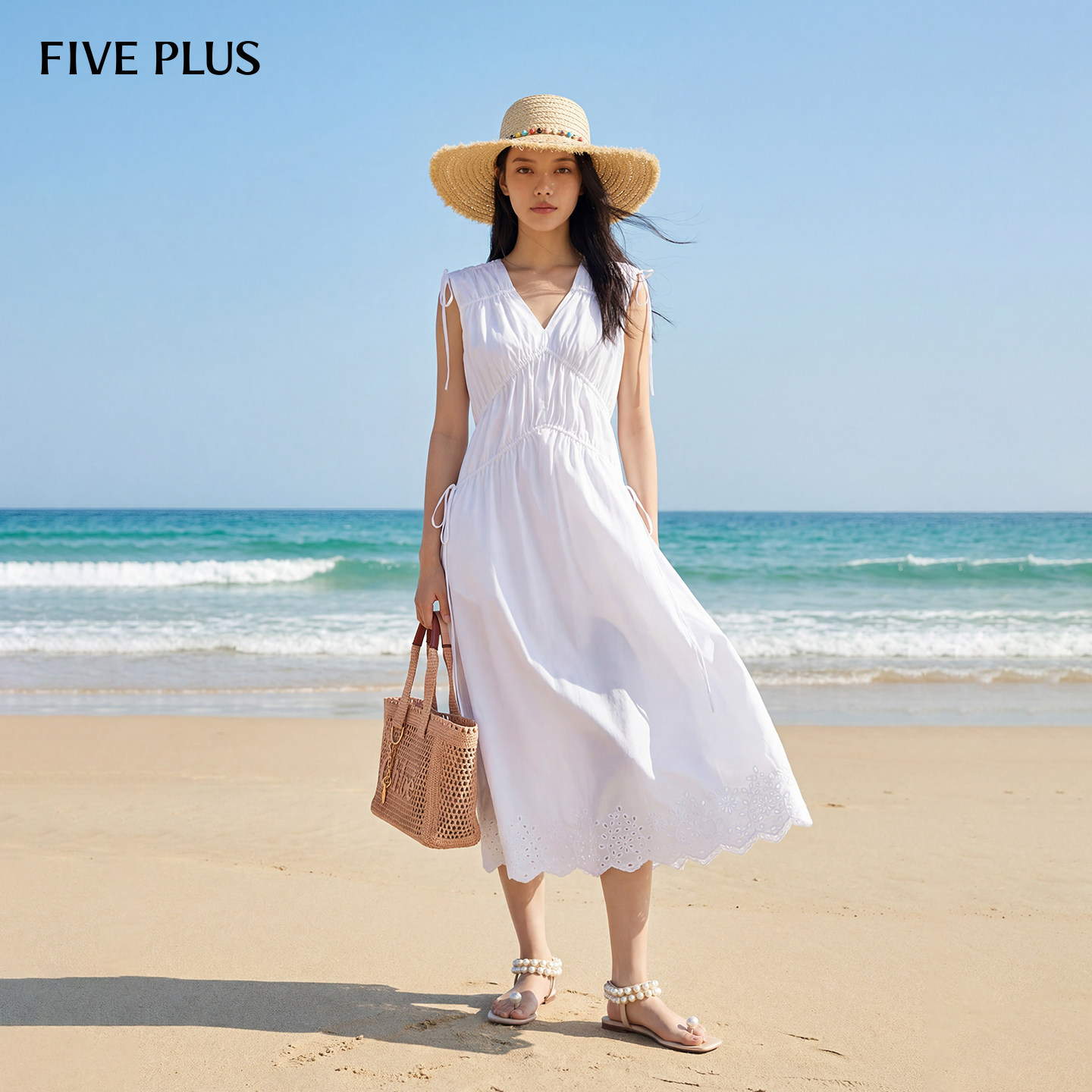 FIVE PLUS连衣裙绣花度假风淡人系法式收腰白裙2026新款女春装