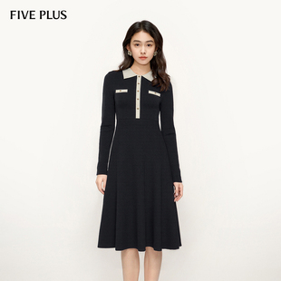 FIVE PLUS小香风连衣裙女优雅通勤针织裙收腰长袖