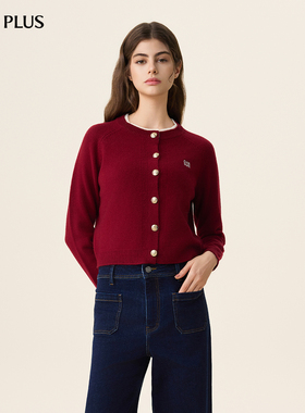 FIVE PLUS100%羊毛针织衫女通勤开衫假两件圆领毛衣