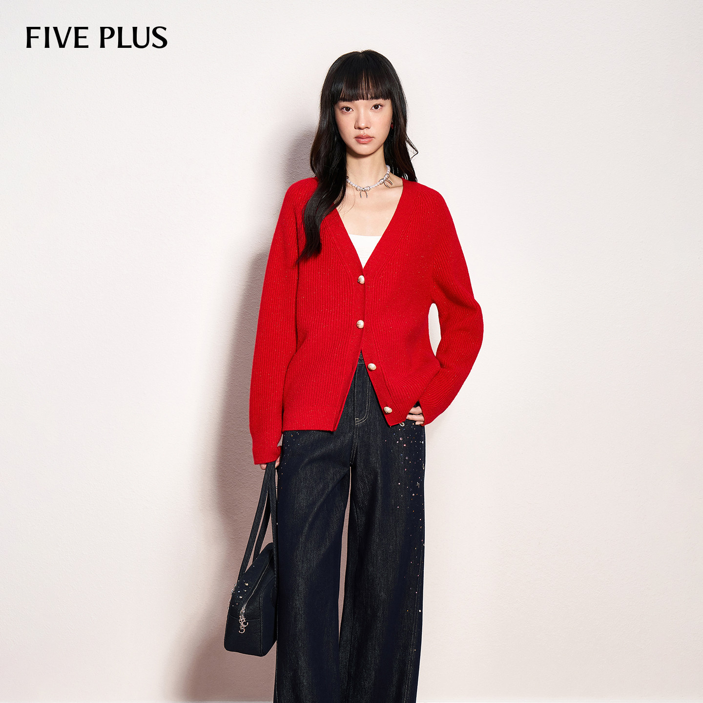 FIVE PLUS针织慵懒V领叠穿绵羊毛仿珍珠扣针织开衫2026新款女春装,女装/女士精品,毛针织衫,淘宝优惠券,粉丝福利购,淘宝优惠卷