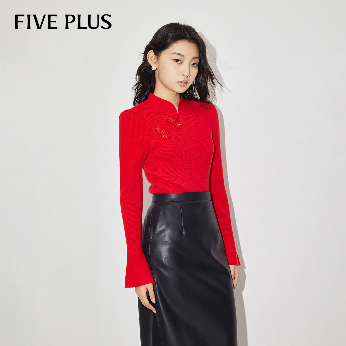 FIVE PLUS新中式针织衫女上衣斜襟盘扣喇叭袖修身,女装/女士精品,毛针织衫,淘宝优惠券,粉丝福利购,淘宝优惠卷