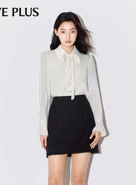 FIVE PLUS气质白色衬衫女飘带领复古缎面长袖荷叶袖设计感