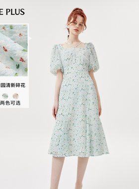 FIVE PLUS连衣裙女小清新碎花高腰泡泡袖雪纺裙子新款女夏装