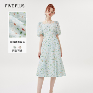 女夏裝 FIVE PLUS連衣裙女小清新碎花高腰泡泡袖 雪紡裙子新款