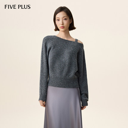 FIVE PLUS时髦通勤针织衫女优雅不对称领羊毛毛衣2026新款女春装