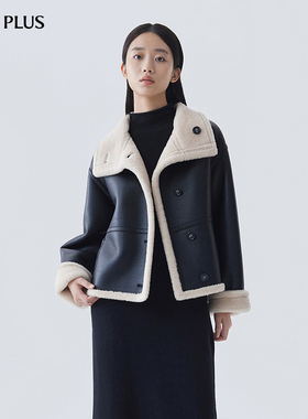 FIVE PLUS100%绵羊毛颗粒绒外套女高领PU皮衣保暖