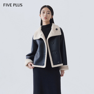 FIVE PLUS100%绵羊毛颗粒绒外套女高领PU皮衣保暖