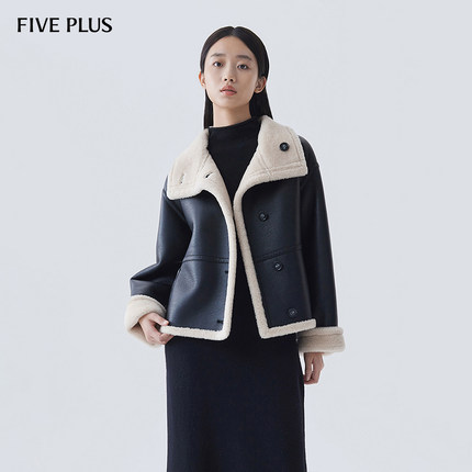 FIVE PLUS100%绵羊毛颗粒绒外套女高领PU皮衣保暖