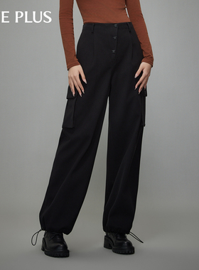 FIVE PLUS休闲长裤女裤子高腰百搭阔腿直筒街头机能工装风格黑色