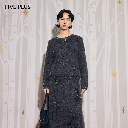 FIVE PLUS毛织温柔蝴蝶结亮片马海毛针织套头衫2026新款女春装