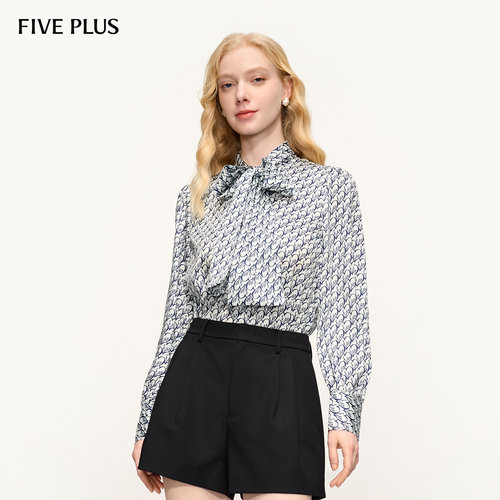 FIVE PLUS衬衫女衬衣印花飘带长袖法式设计感上衣