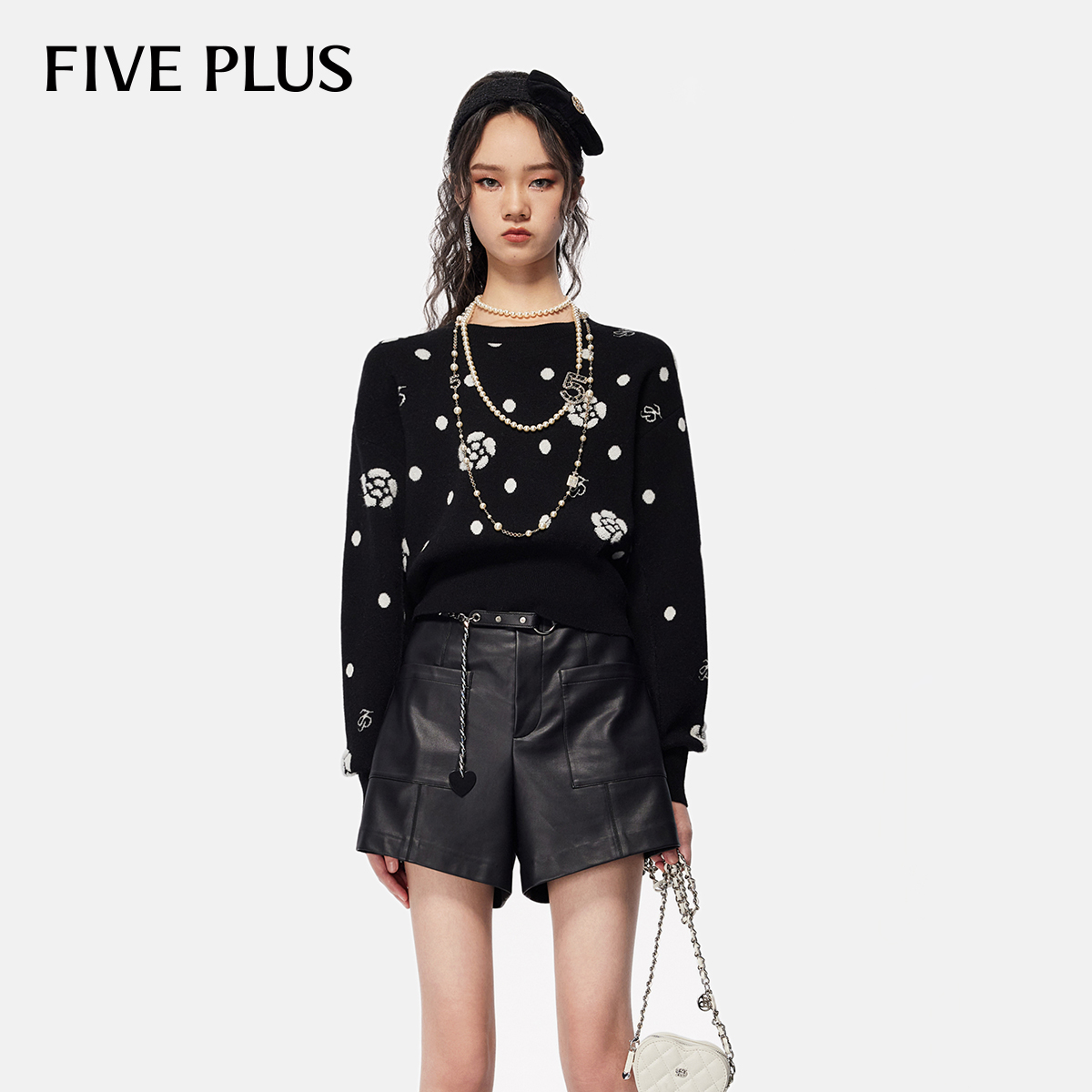 FIVE PLUS小香风毛衣女针织衫套头圆领花朵短上衣2024新款女秋装