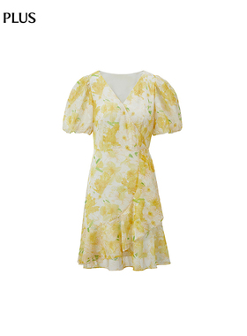 FIVE PLUS女夏装波嬉风度假风V领泡泡袖高腰连衣裙女装