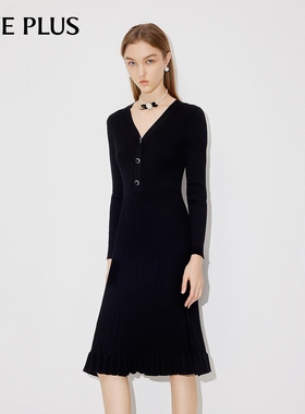 FIVE PLUS针织连衣裙女裙子法式V领收腰显瘦小黑裙