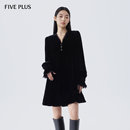 V领收腰裙子 小黑裙子长袖 FIVE PLUS奢华钻石绒连衣裙女复古喇叭袖