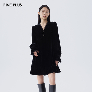 V领收腰裙子 小黑裙子长袖 FIVE PLUS奢华钻石绒连衣裙女复古喇叭袖