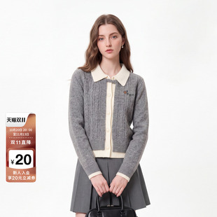 FIVE PLUS含绵羊毛春秋精致刺绣假两件针织开衫翻领女毛衣外套