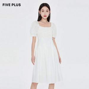 FIVE PLUS法式泡泡袖连衣裙女高腰方领赫本风裙子女夏装