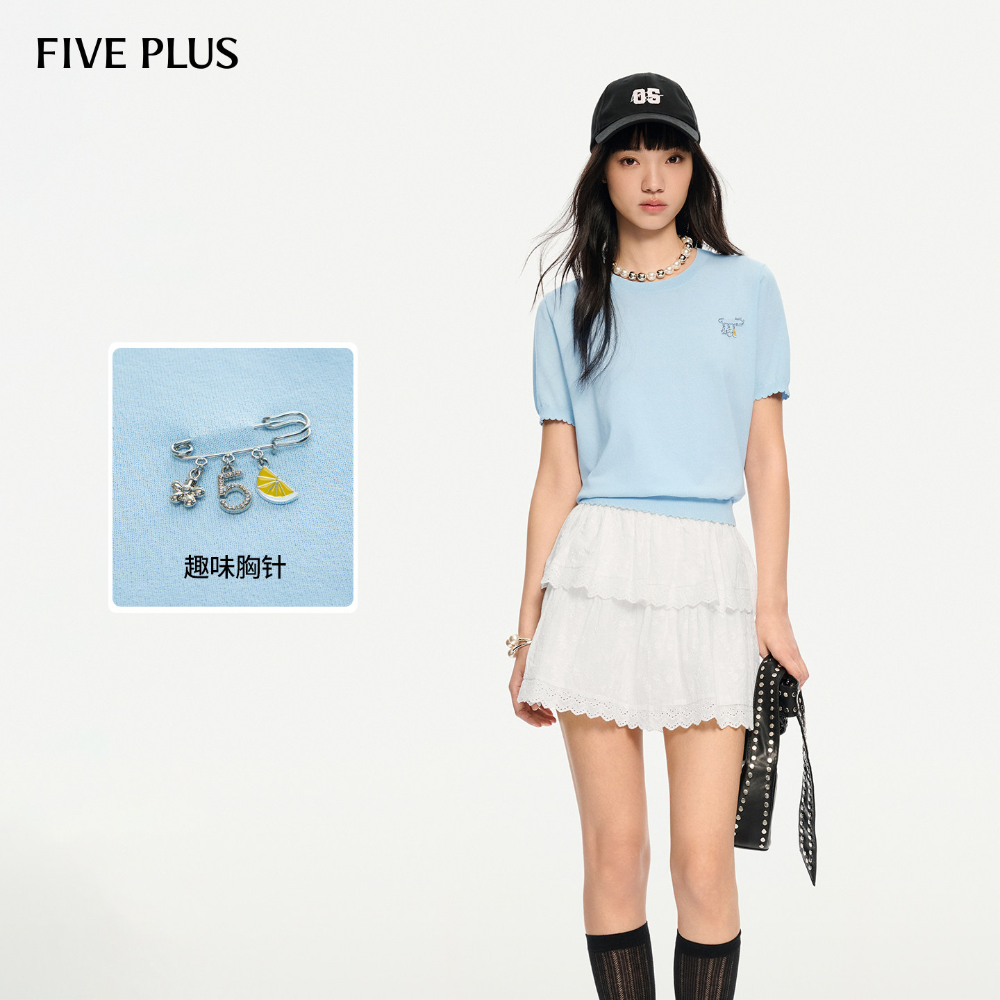 FIVE PLUS韩系纯色木耳边袖口胸针装饰减龄毛织套头衫新款女夏装