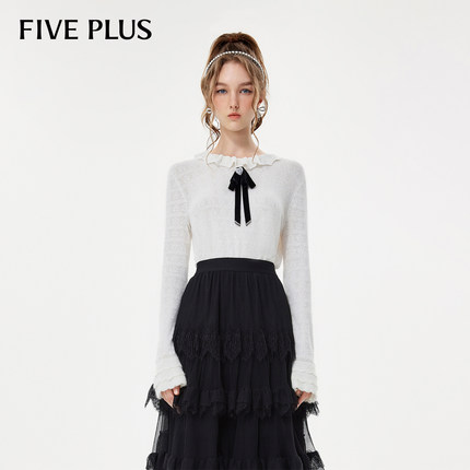 FIVE PLUS日系甜美风格针织衫女温柔风打底衫荷叶领喇叭袖款上衣