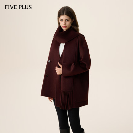 FIVE PLUS牦牛绒双面呢大衣女配围巾羊毛呢子外套