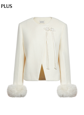 FIVE PLUS100%绵羊毛呢外套女呢子上衣拼毛毛长袖